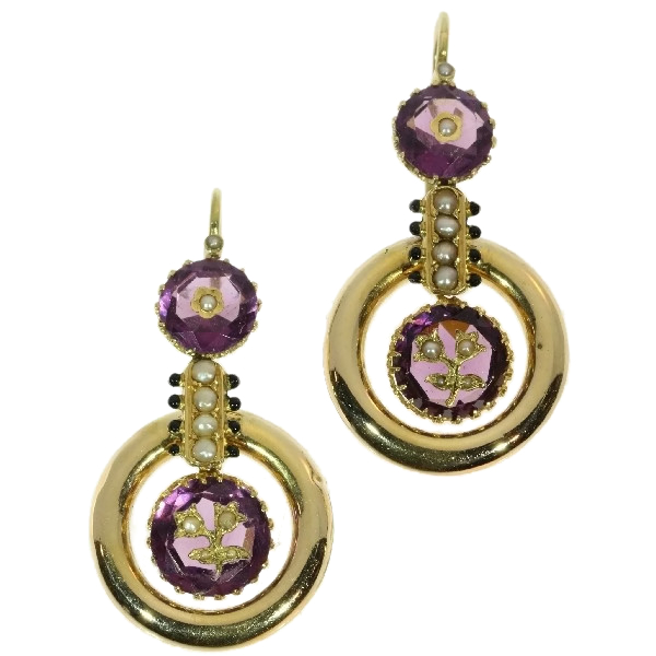 Antique pendent earrings Victorian with enamel engraved amethyst and seed pearls